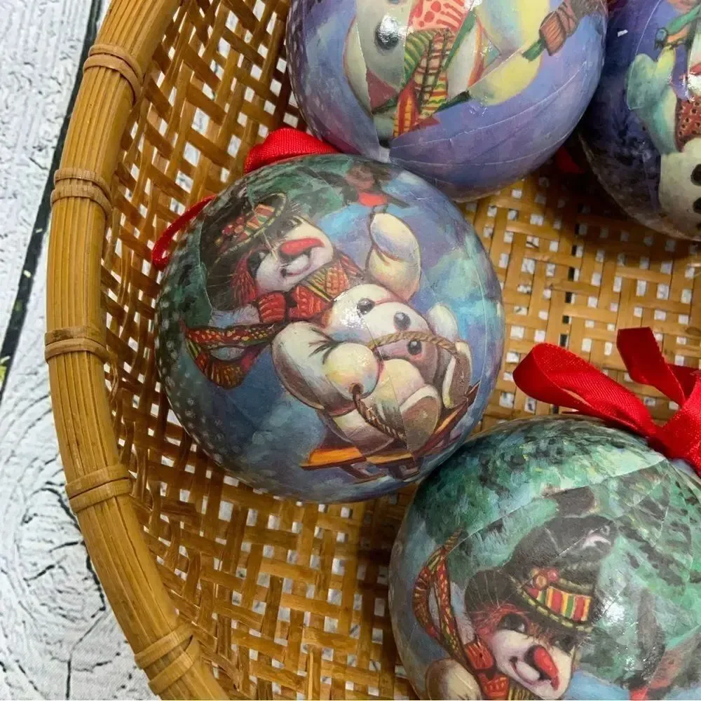 Lot of 6 paper mache decoupage snowman ornaments Christmas bulbs
